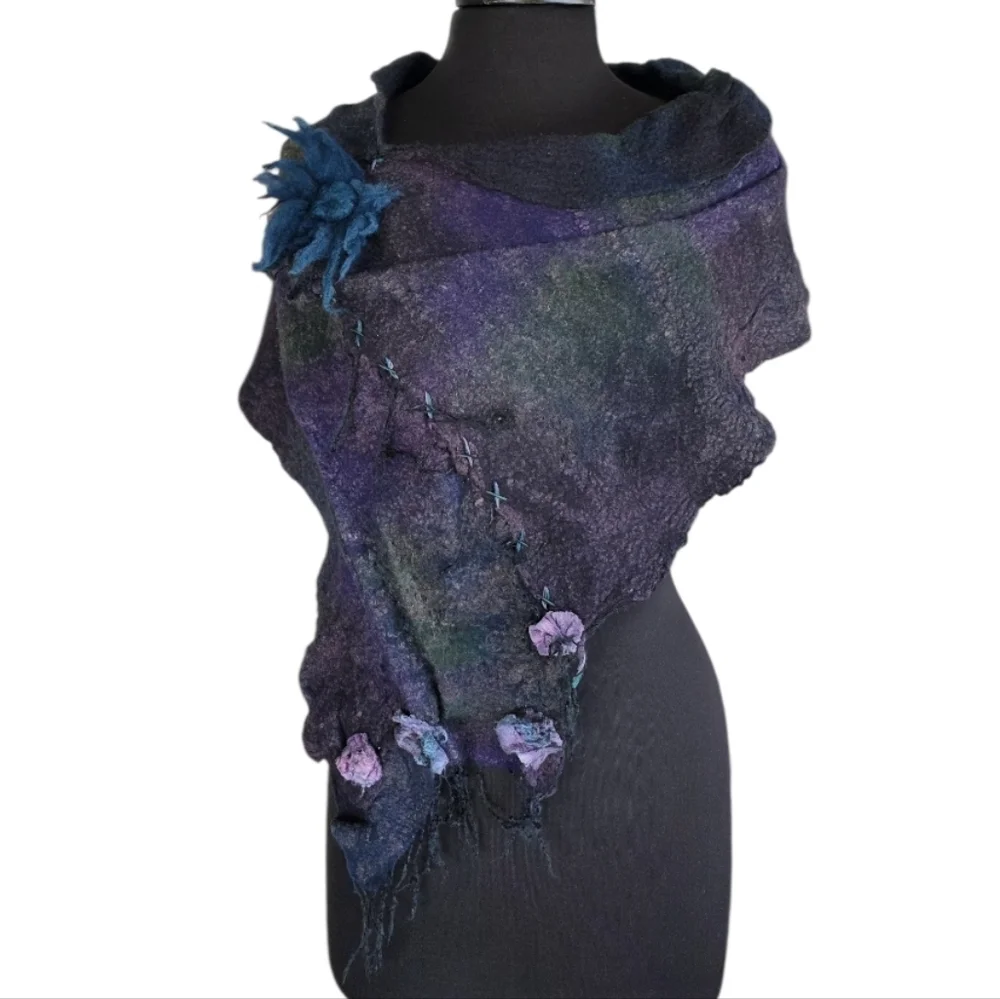 Handmade Nuno Felted Wool Scarf Artisan Boho Chic Bohemian Collar Artsy